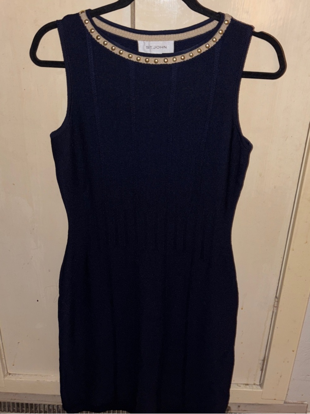 St. John sleeveless Navy Knit Sheath Dress with Gold Stud Trim